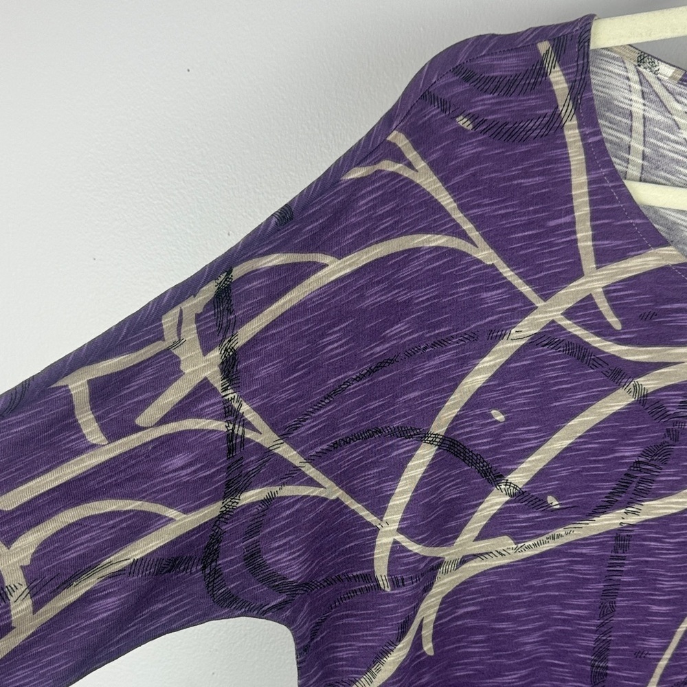 Chico's Cotton Modal Blend Purple Tan Round Neck Abstract 3/4 Sleeve Medium Top - Picture 4 of 11